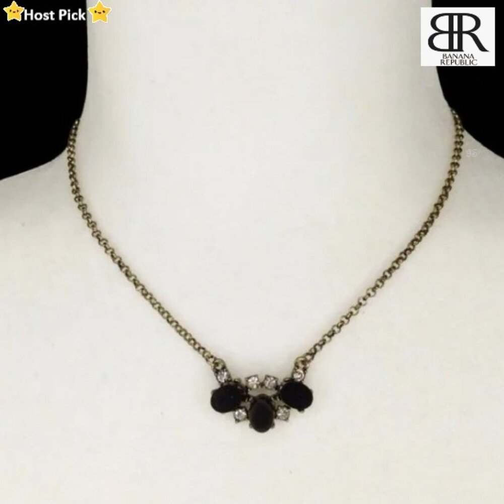Vtg Banana Republic Antiqued Gold-Tone Necklace, Oval Black Stones Rhinestones